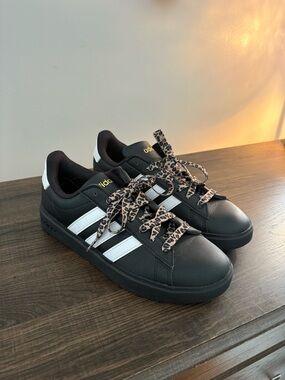 adidas Black Sneakers with White Stripes and Leopard Laces